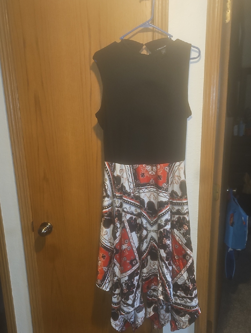 Ashley Stewart Black Bodice High-Low Dress with Red and White Pattern